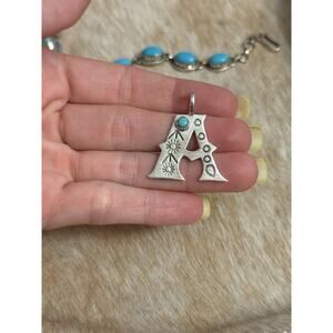 Native American SW Sterling Silver Stamped Initial Turquoise Letter A Pendant